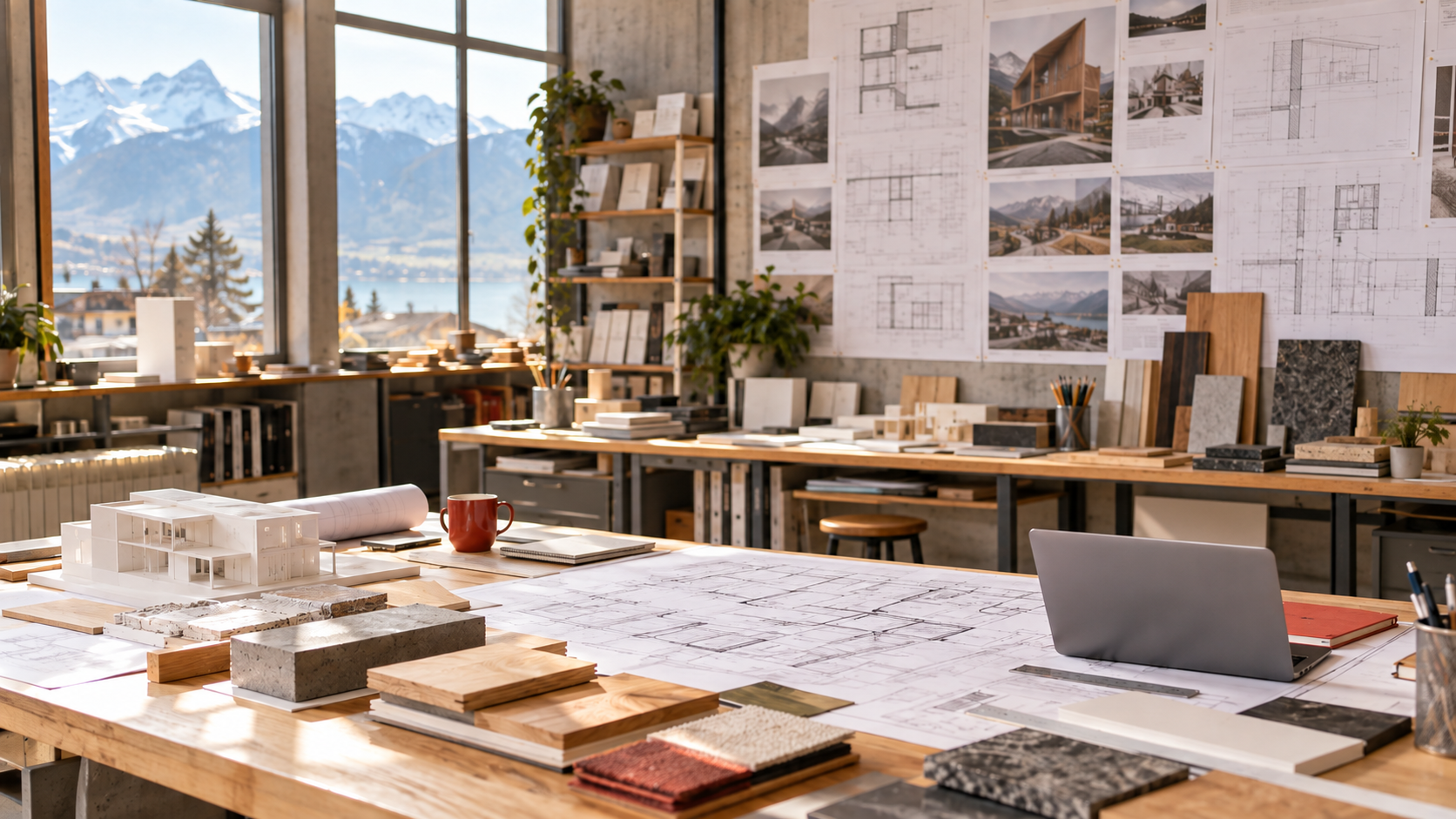 Studio di progettazione con disegni, materiali e modello architettonico
