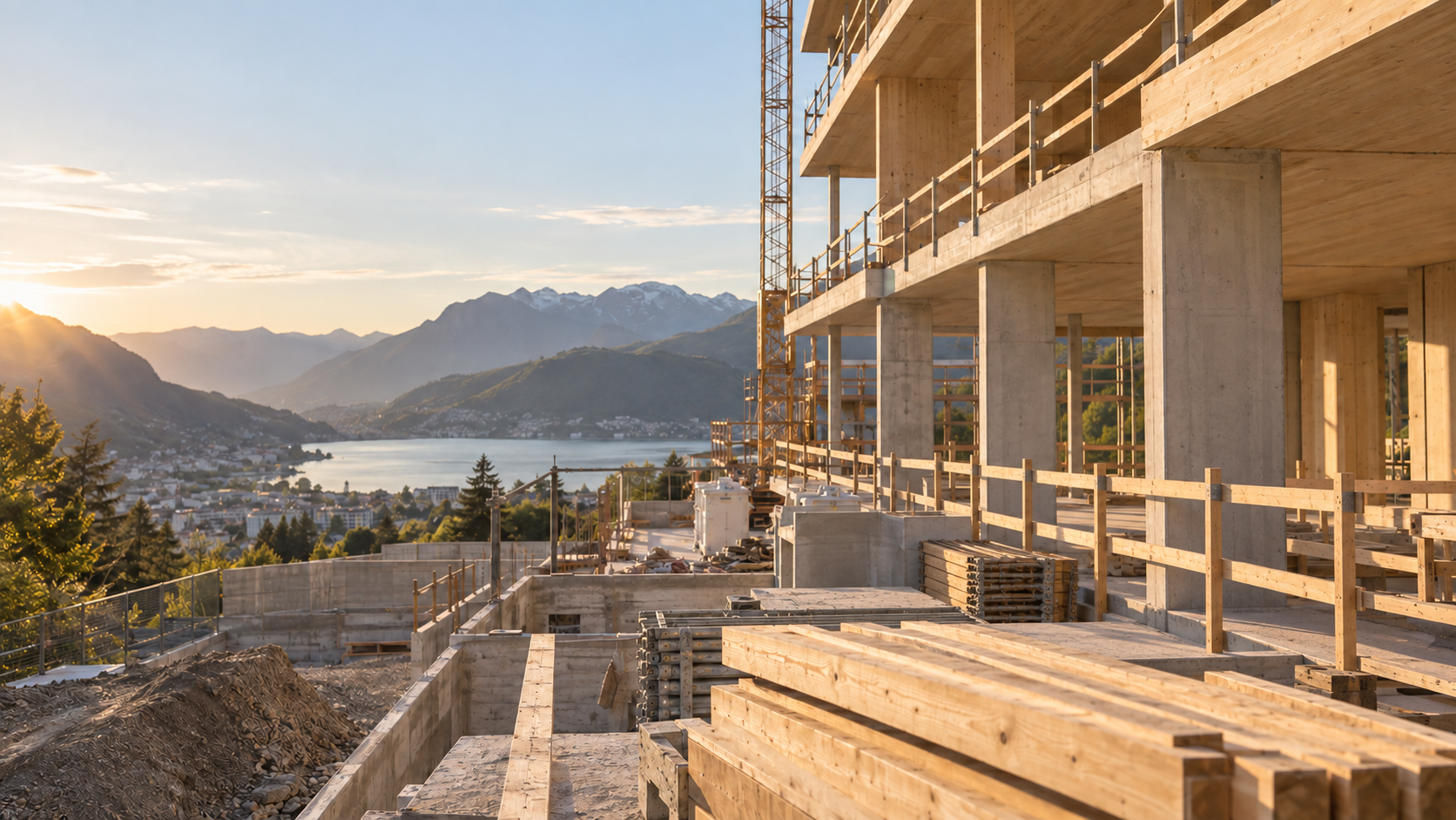 Cantiere svizzero con le montagne sullo sfondo