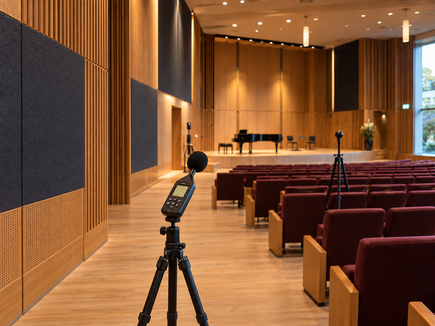 Fonometro su treppiede in un auditorium