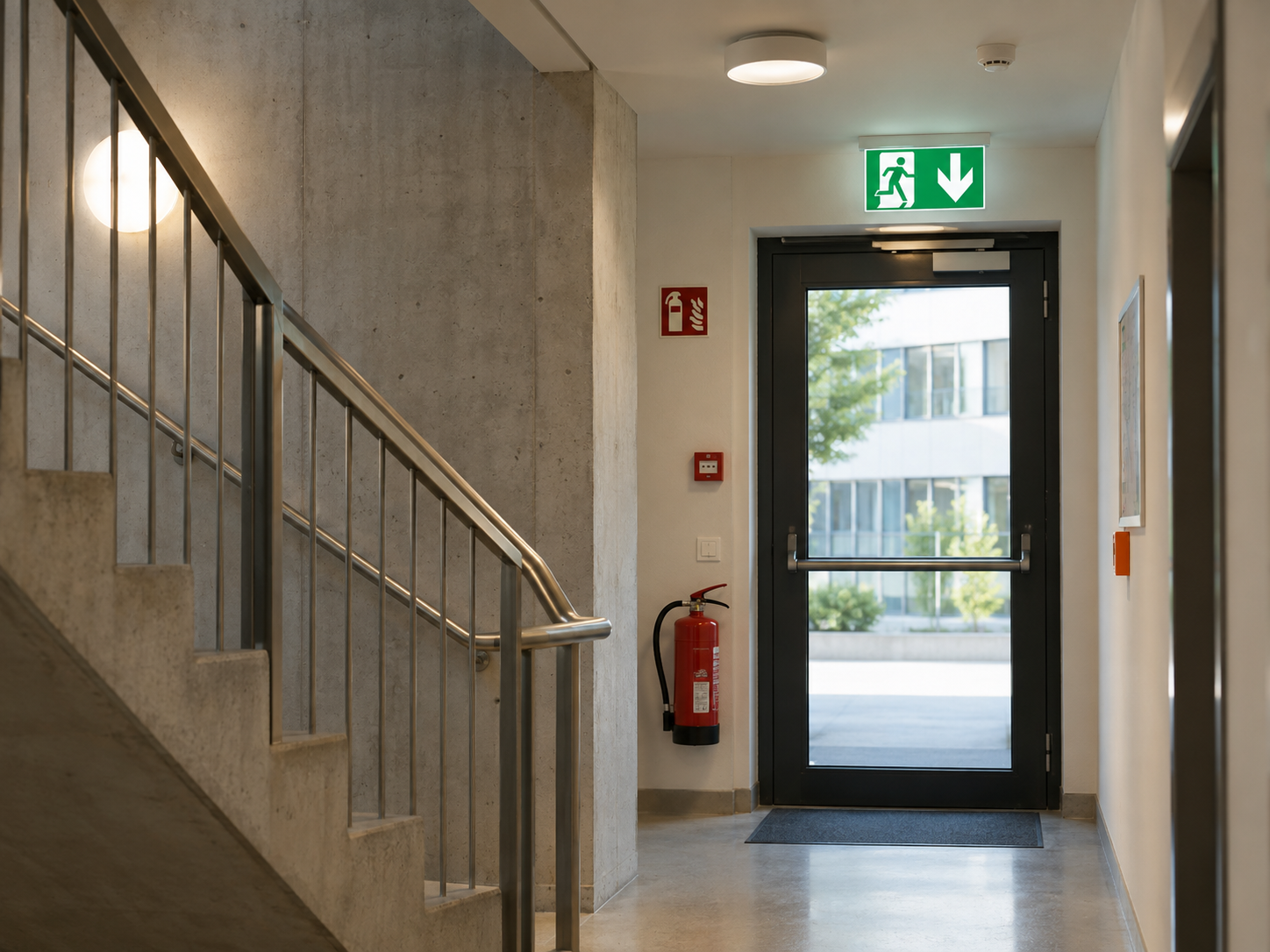 Segnaletica di uscita d'emergenza e porta tagliafuoco