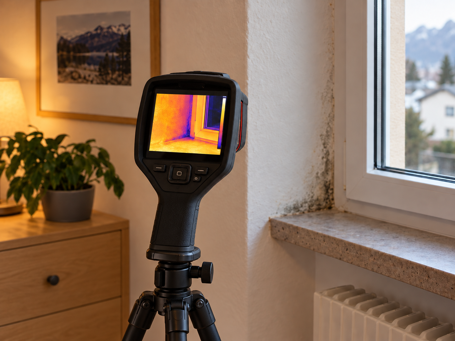 Termocamera su treppiede davanti a un serramento