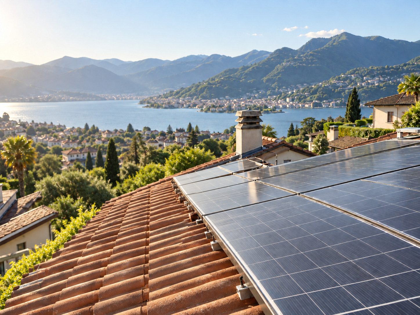 Impianto fotovoltaico su una copertura con vista sul lago e sulle montagne