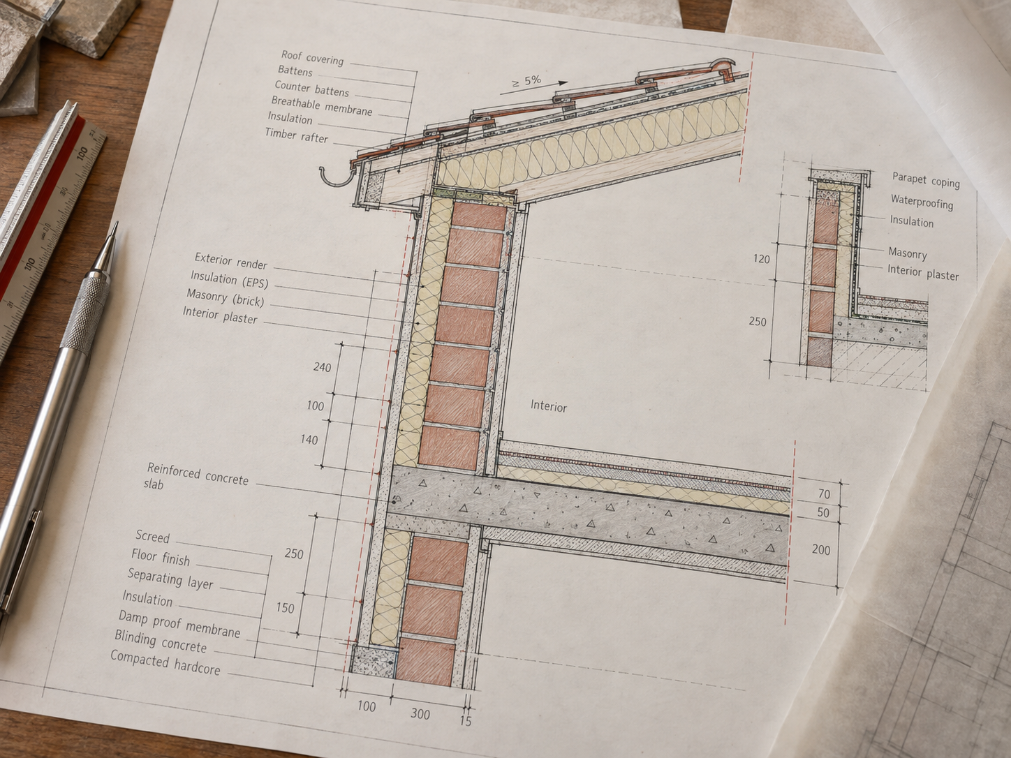 Disegno tecnico 2D di un dettaglio costruttivo con isolamento e solaio